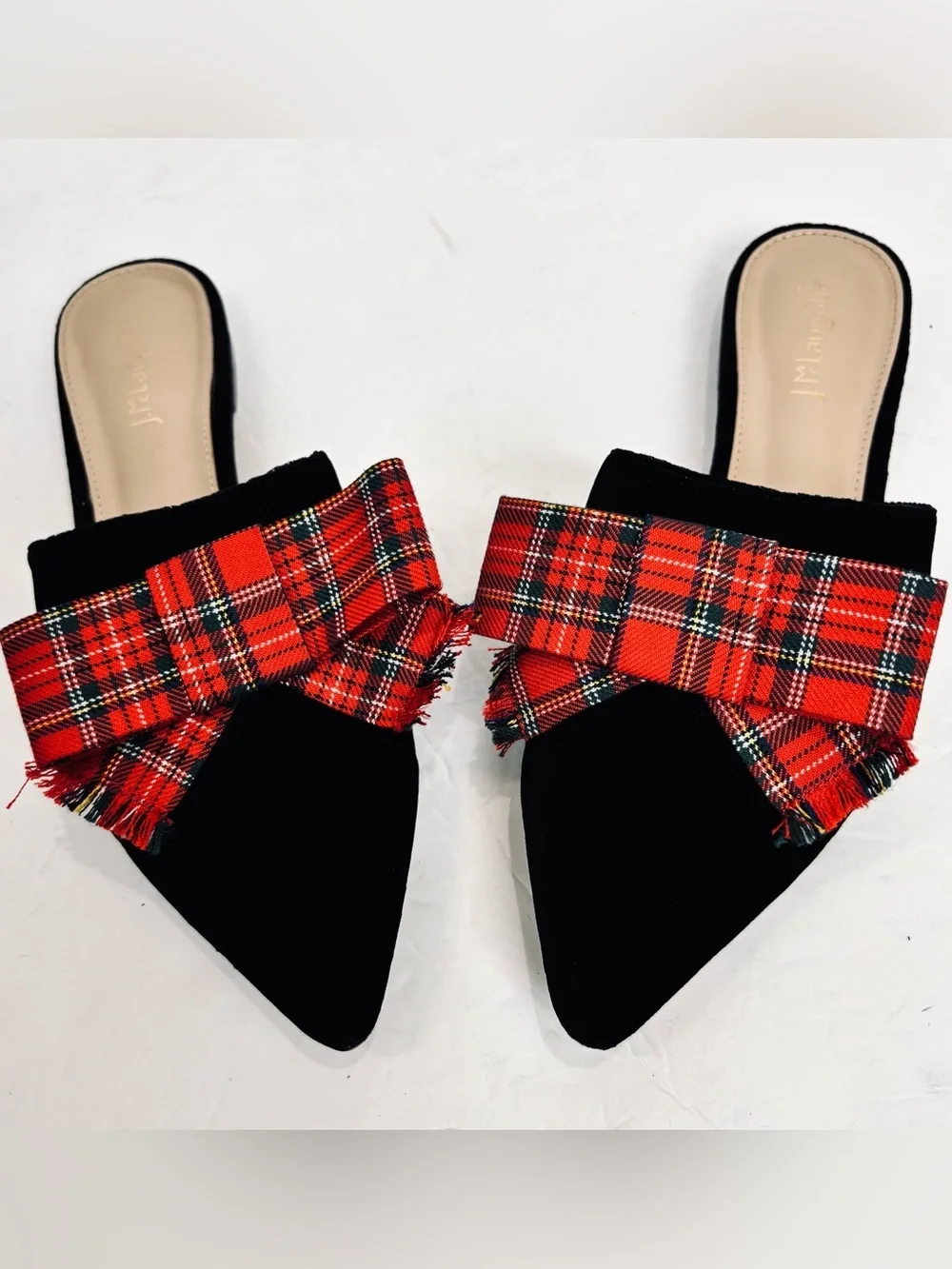 J Mclaughlin Lyon Flats Tartan Red Bow Pointed Toe Black Velvet Slide On Loafers